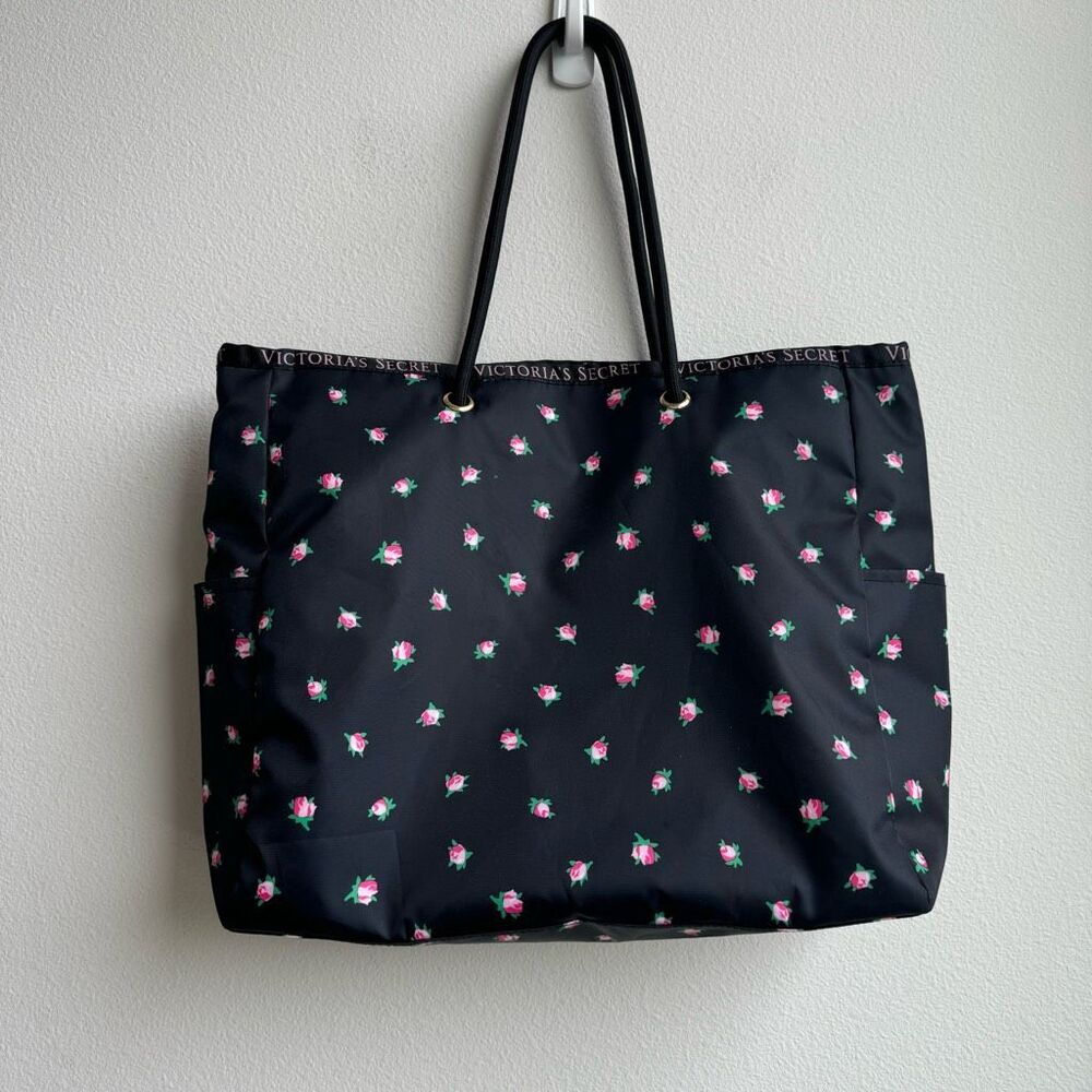 Victoria’s Secret Reversible Pink Black Stripe Floral Large Weekender Carry Tote - Picture 2 of 11
